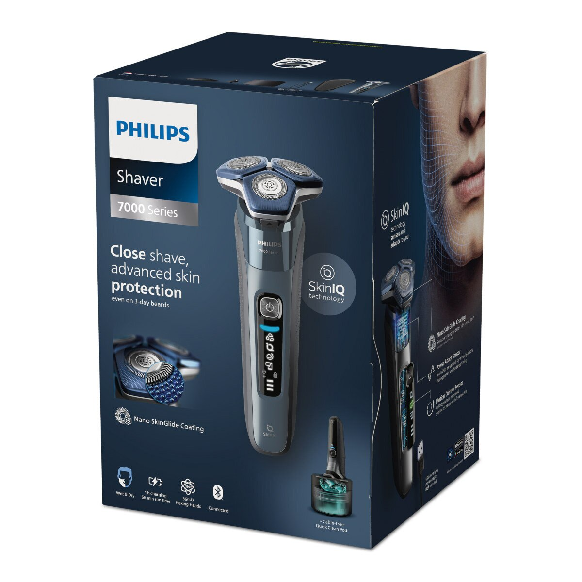 Pudełko golarki Philips serii 7000. Pudełko pokazuje golarkę i mężczyznę golącego twarz.
