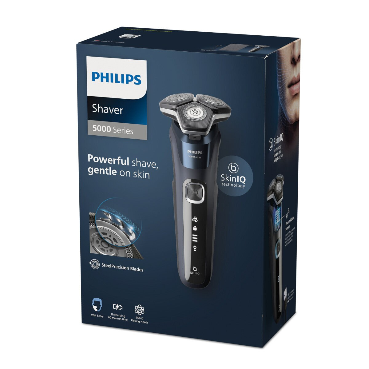 Zapakowana golarka Philips 5000 Series, czarno-srebrna, z cechami produktu.
