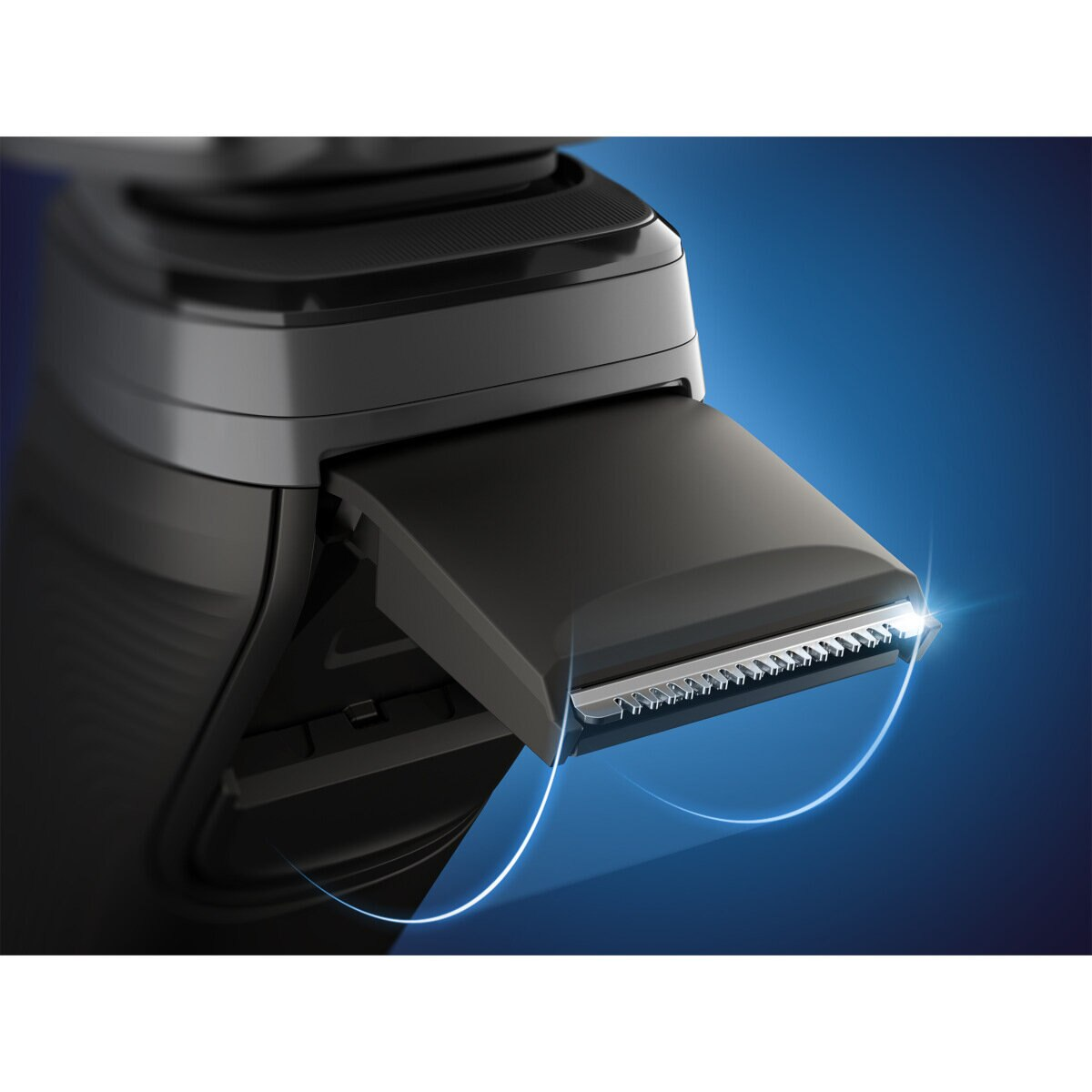 Zbliżenie czarnej golarki elektrycznej. Głowica trymera jest otwarta, ukazując ostrza i design.