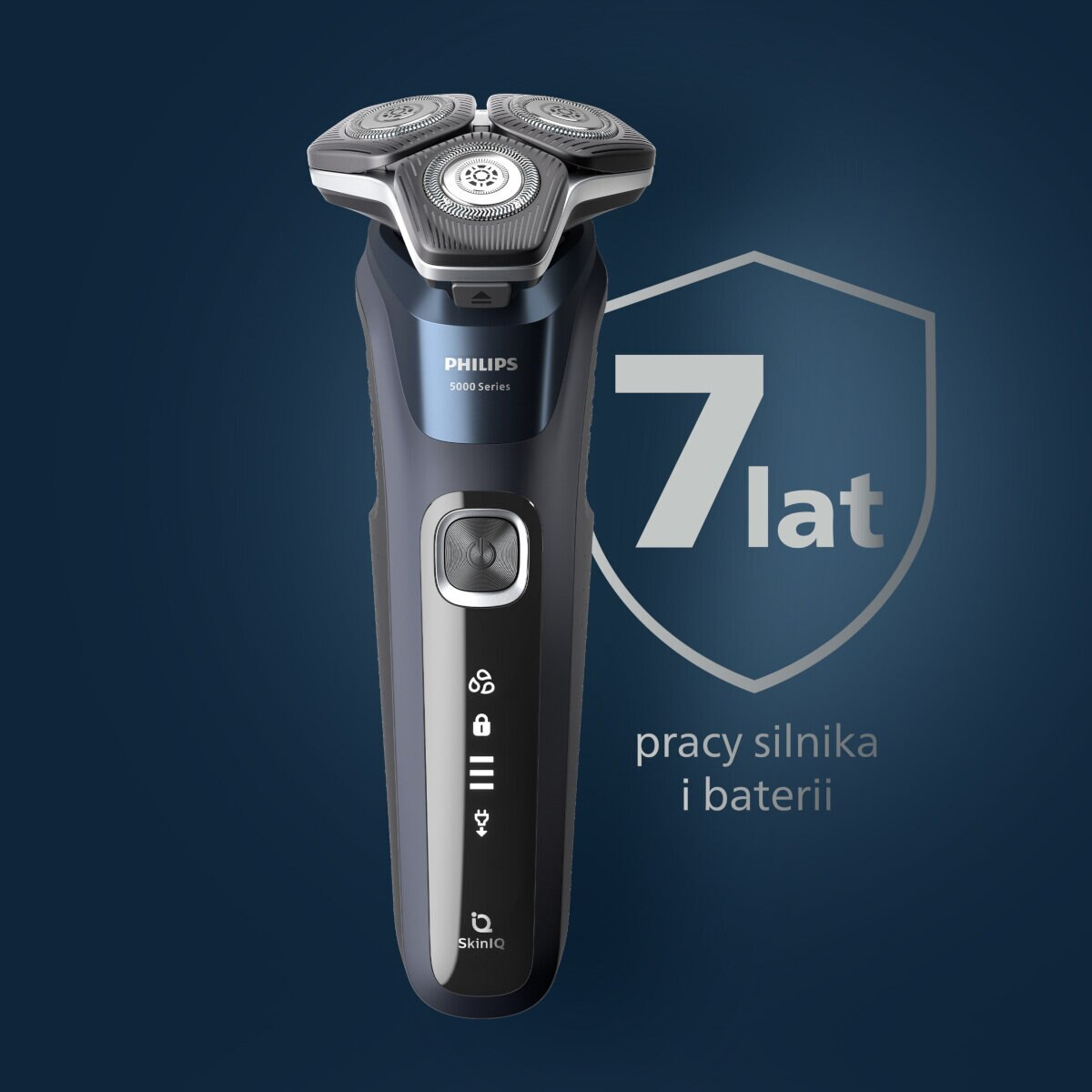 Golarka elektryczna ze wskaźnikiem 7-letniej żywotności silnika i baterii na niebieskim tle.