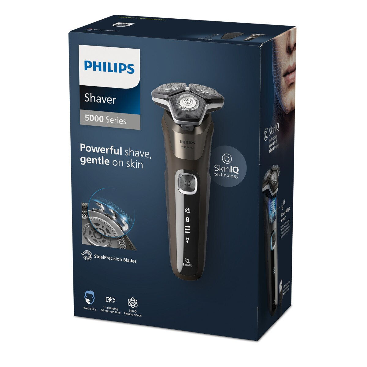 Pudełko produktu Philips Shaver 5000 Series, z golarką i informacjami.