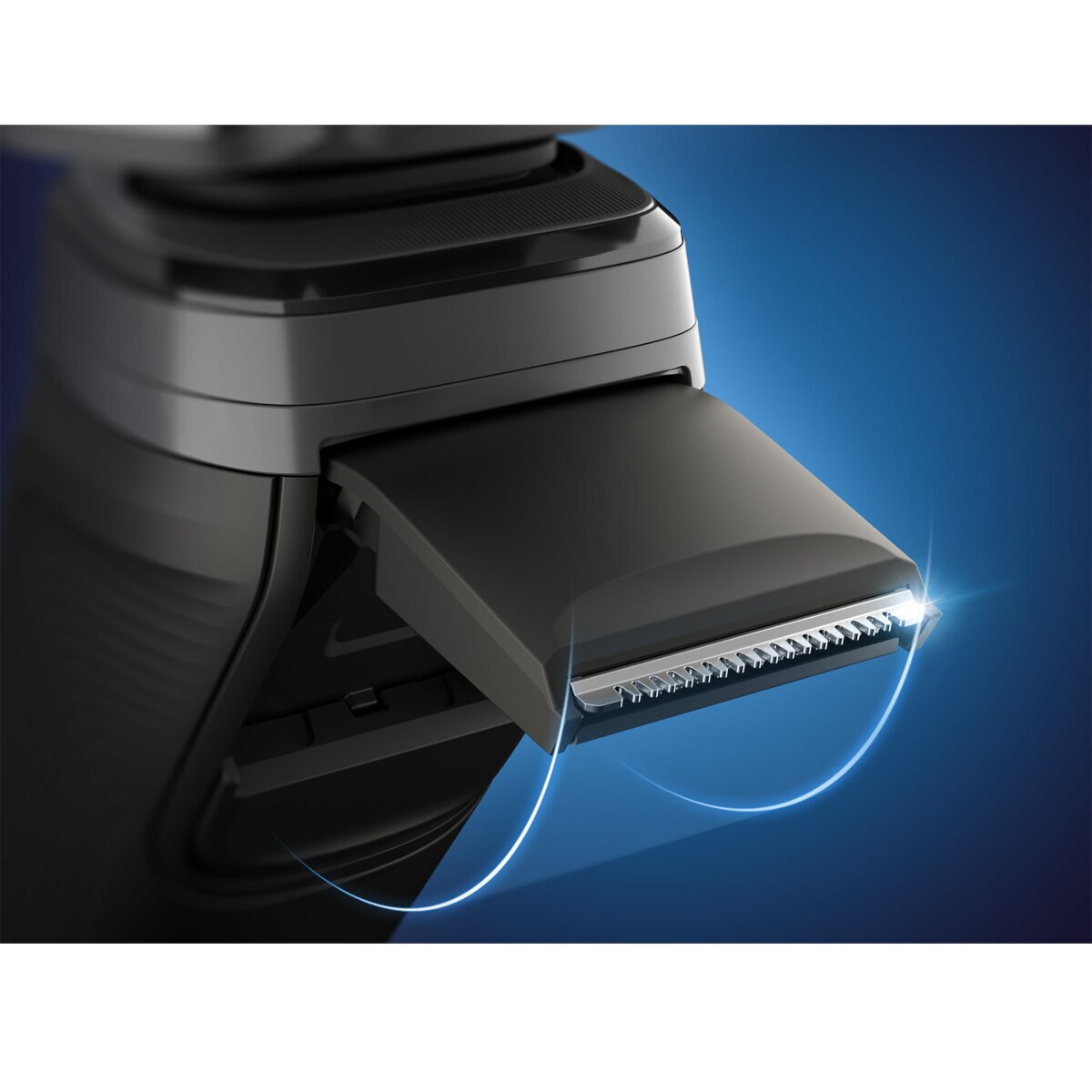 Zbliżenie czarnej golarki elektrycznej, ukazujące szczegóły ostrza trymera.