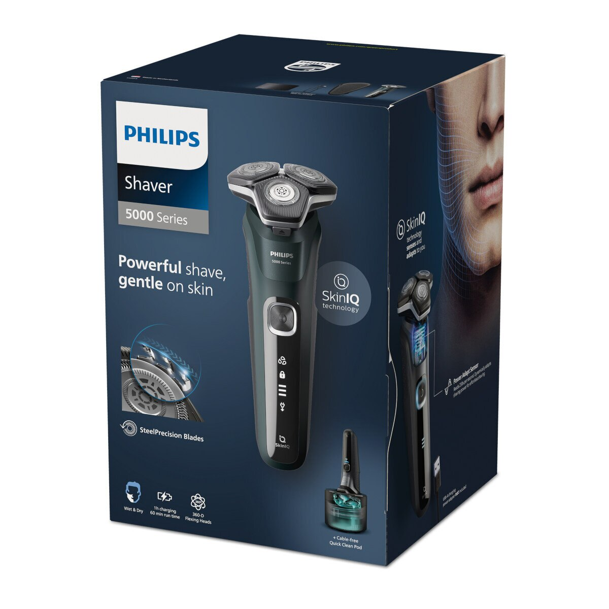 Pudełko z golarką Philips, z golarką i stacją czyszczącą. Niebiesko-białe opakowanie.