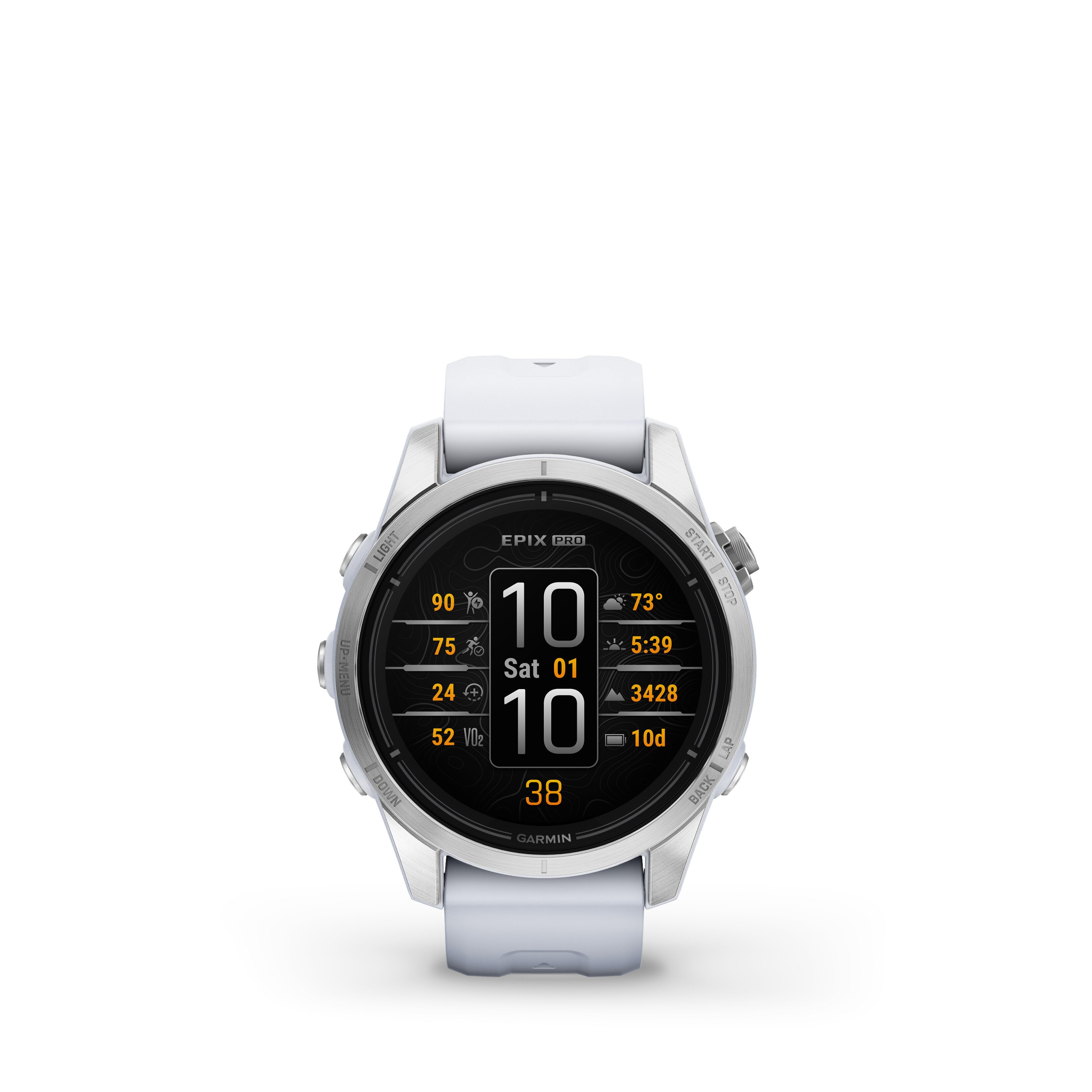 Smartwatch Garmin Epix Pro pokazujący godzinę, tętno i inne wskaźniki zdrowia na białym tle.