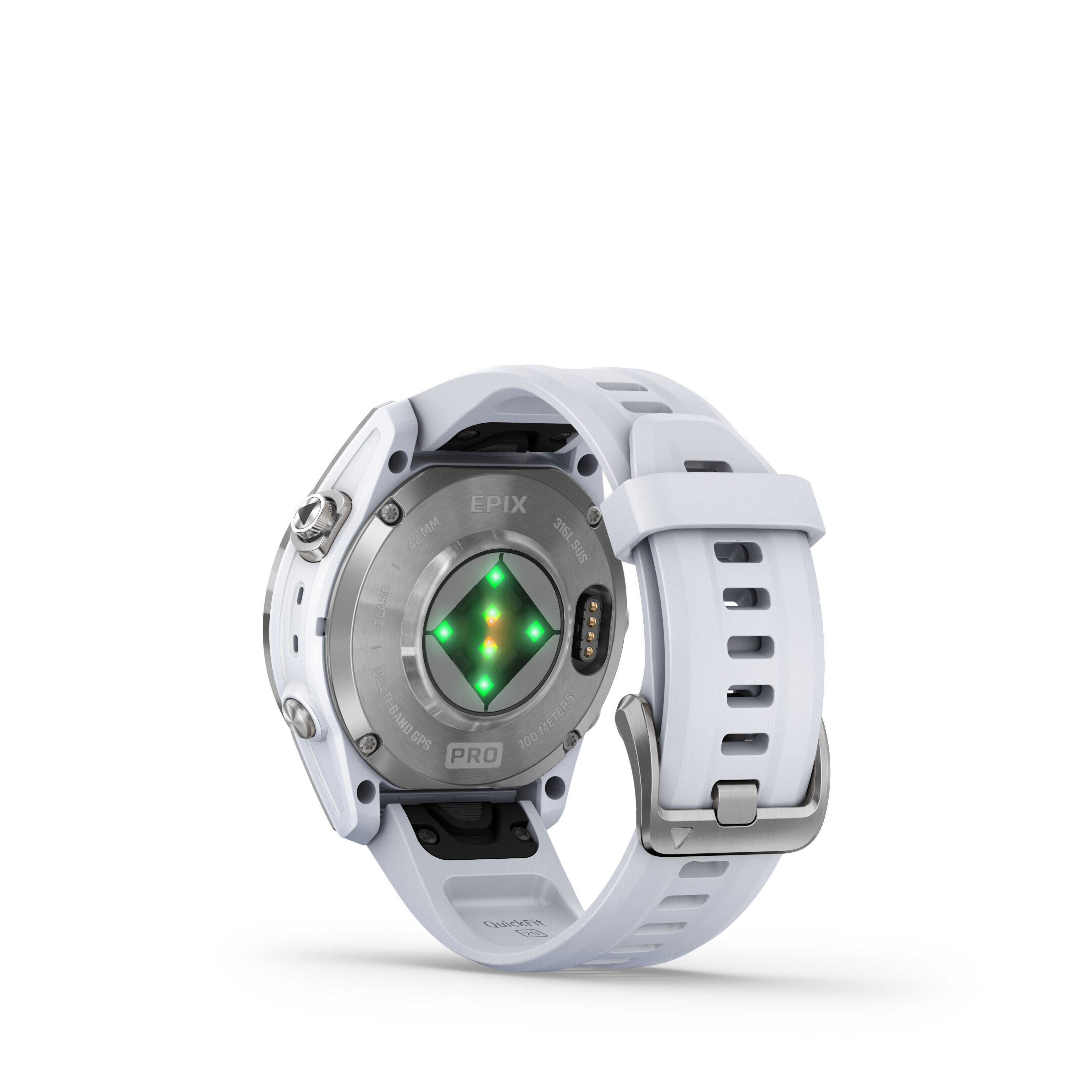 Widok z tyłu białego smartwatcha, pokazujący czujniki i pasek.