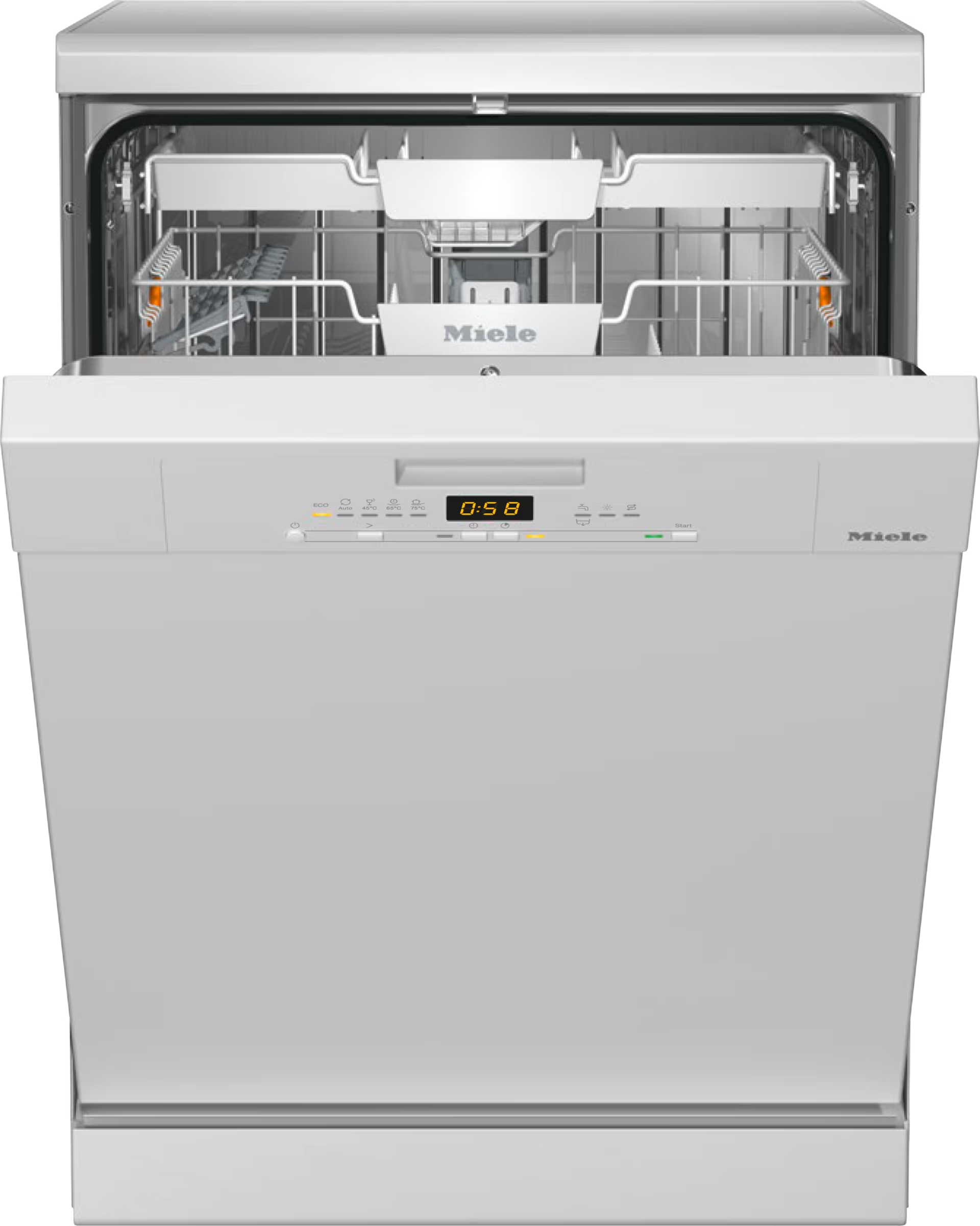 Un lavavajillas Miele blanco con la puerta abierta, que muestra las rejillas interiores y los controles.