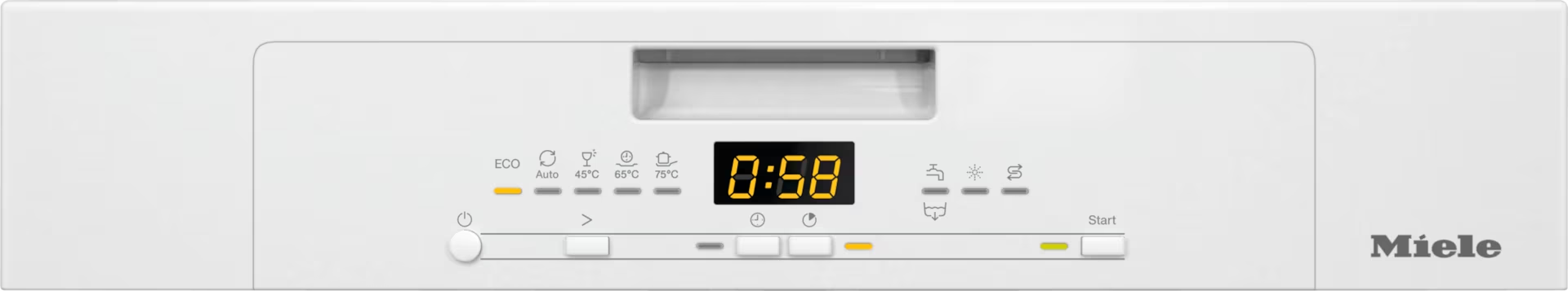 Un panel de control de lavavajillas blanco. Tiene una pantalla que muestra 0:58. Hay varios iconos y botones de programa.