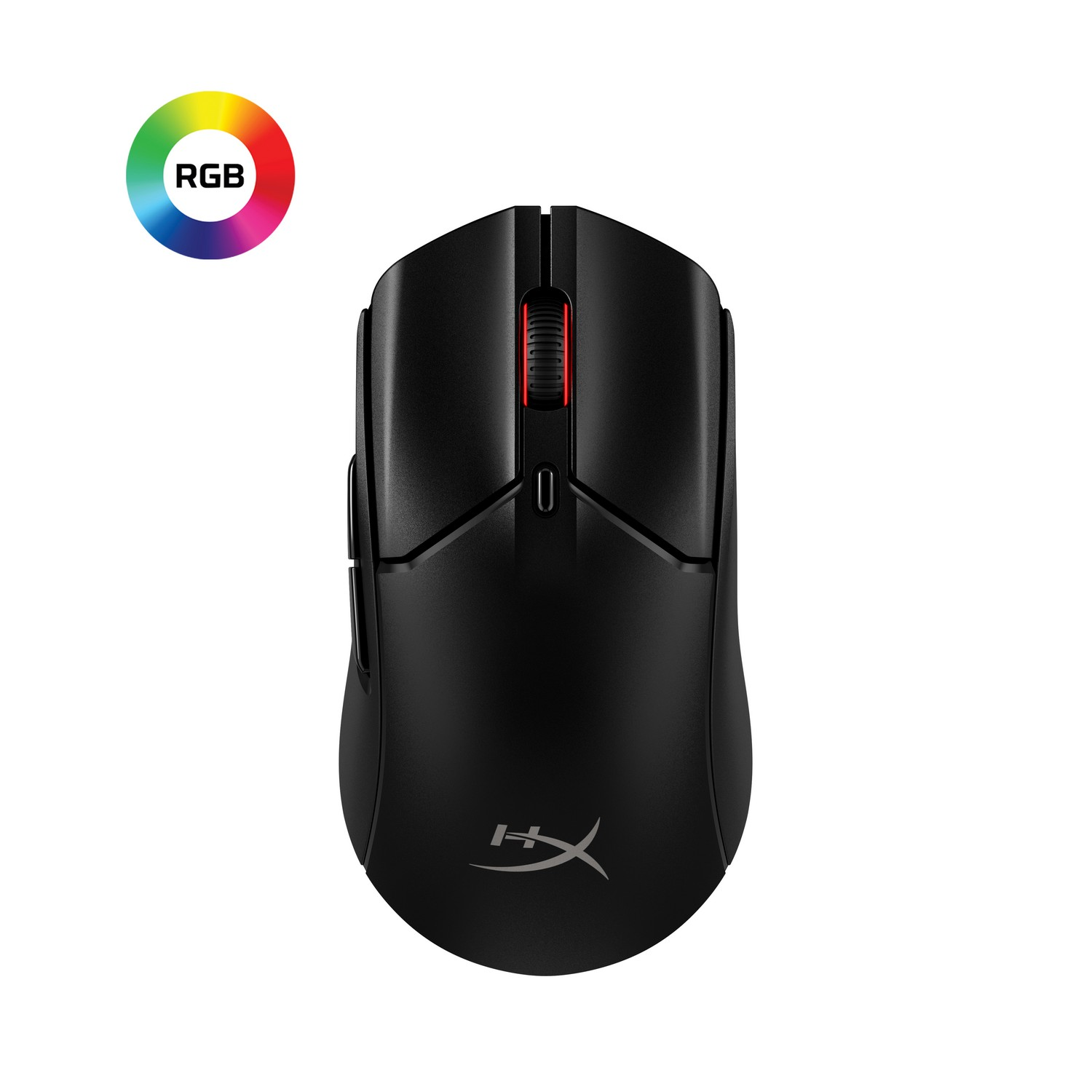 Zwarte gamingmuis met RGB-lichtindicator en merklogo.