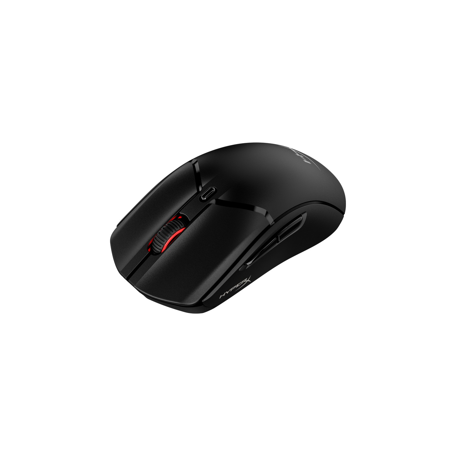 Zwarte HyperX gaming muis, met een rood scrollwiel en extra zijknoppen.