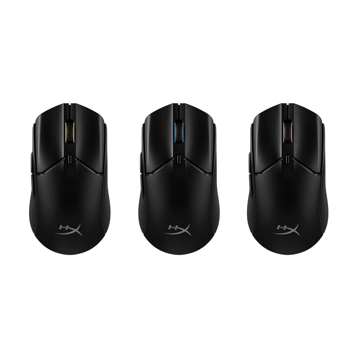 Drie zwarte gamingmuizen met gekleurde accenten op de scrollwielen: geel, blauw en roze.