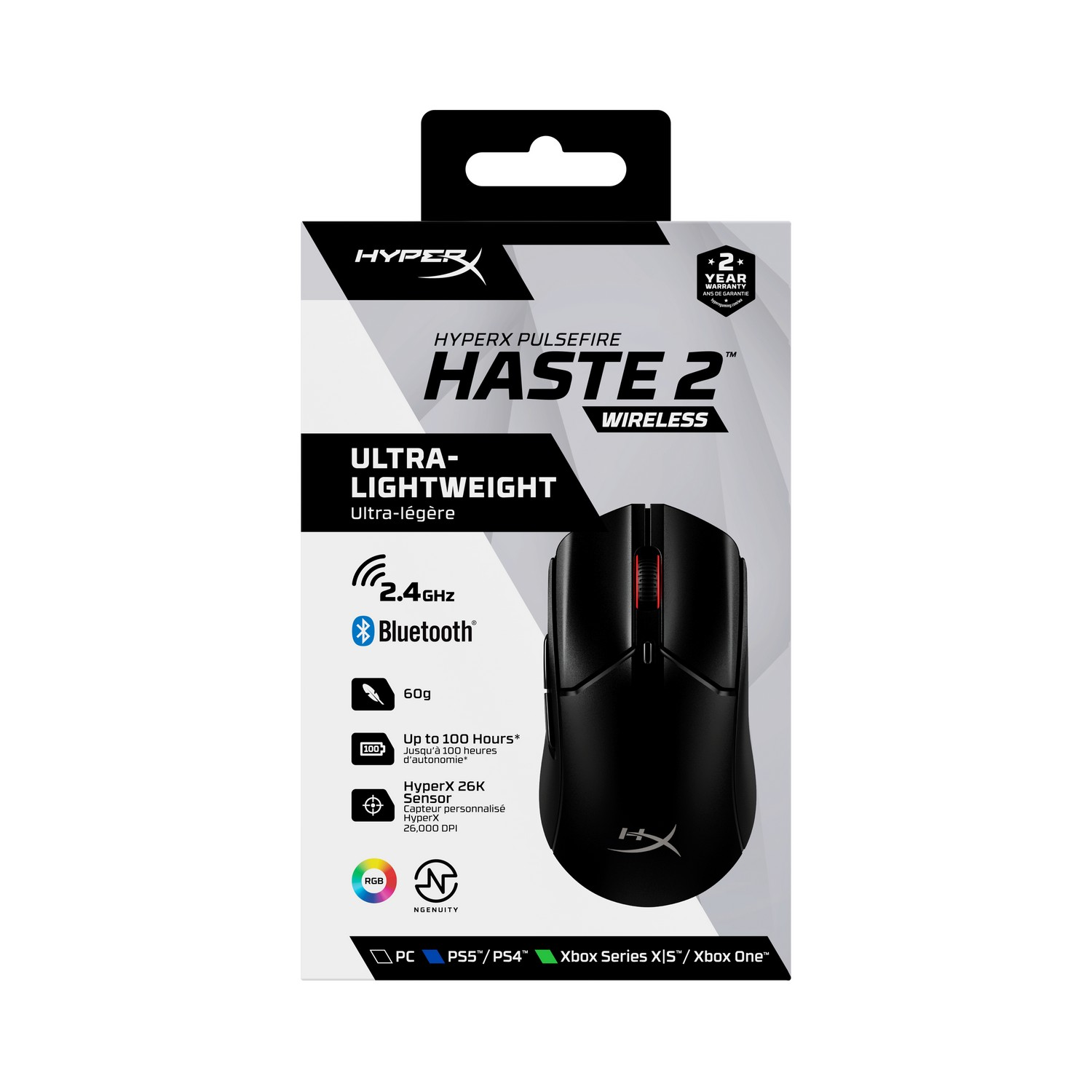 Zwarte HyperX muis in verpakking. Draadloos, lichtgewicht, met Bluetooth en RGB-verlichting.