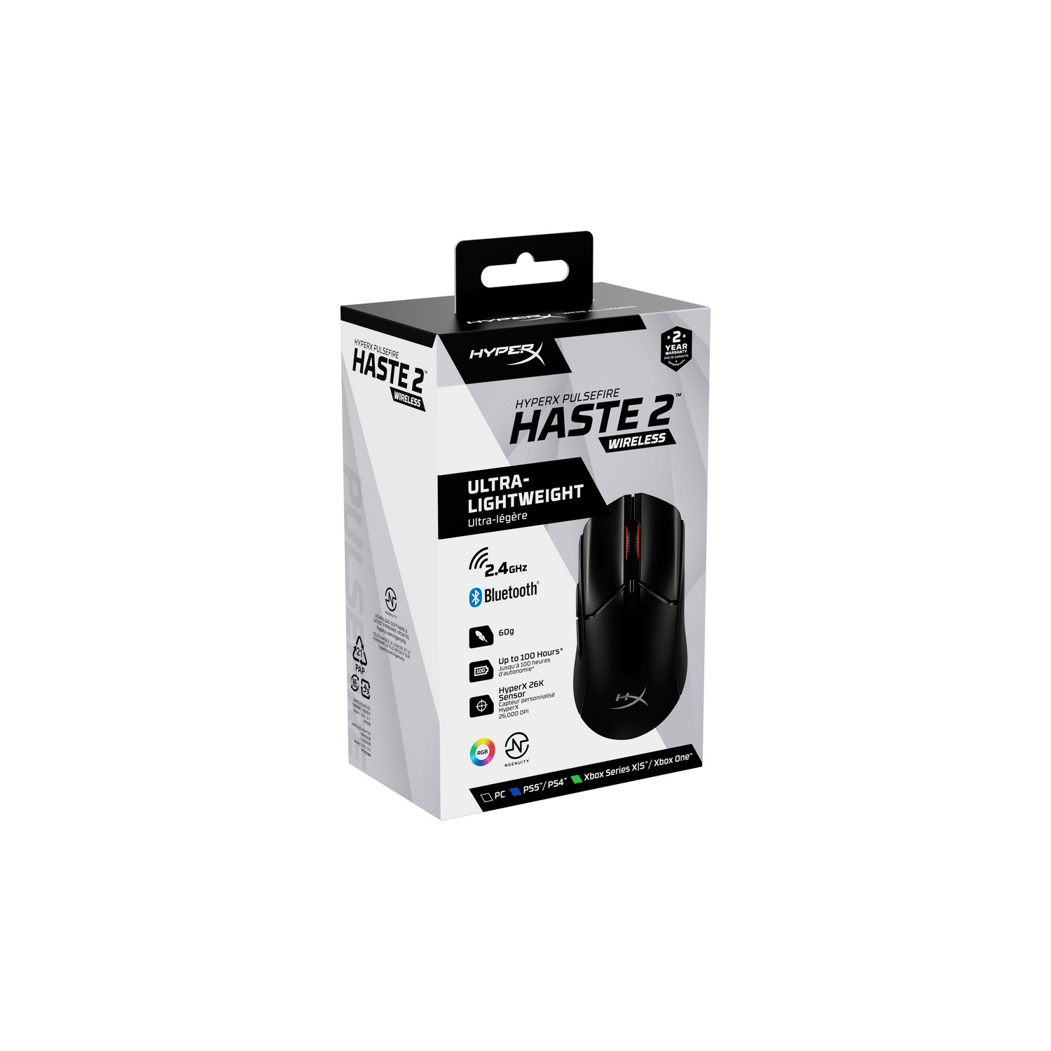Zwarte HyperX Pulsefire Haste 2 Wireless gamingmuis in een doos met tekst.