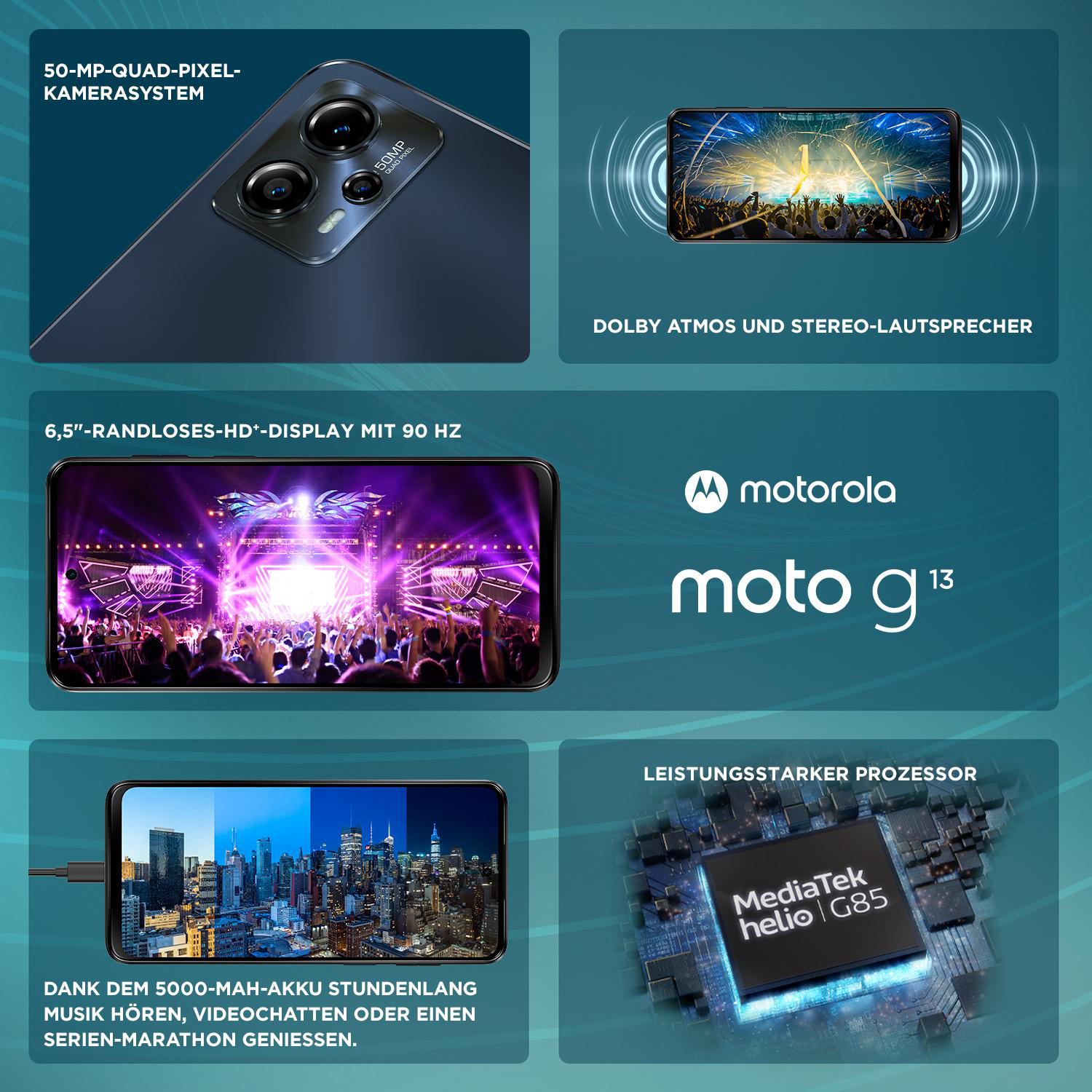 Ein Werbebild des Motorola Moto G13, das Funktionen zeigt, auf schwarzem Hintergrund.