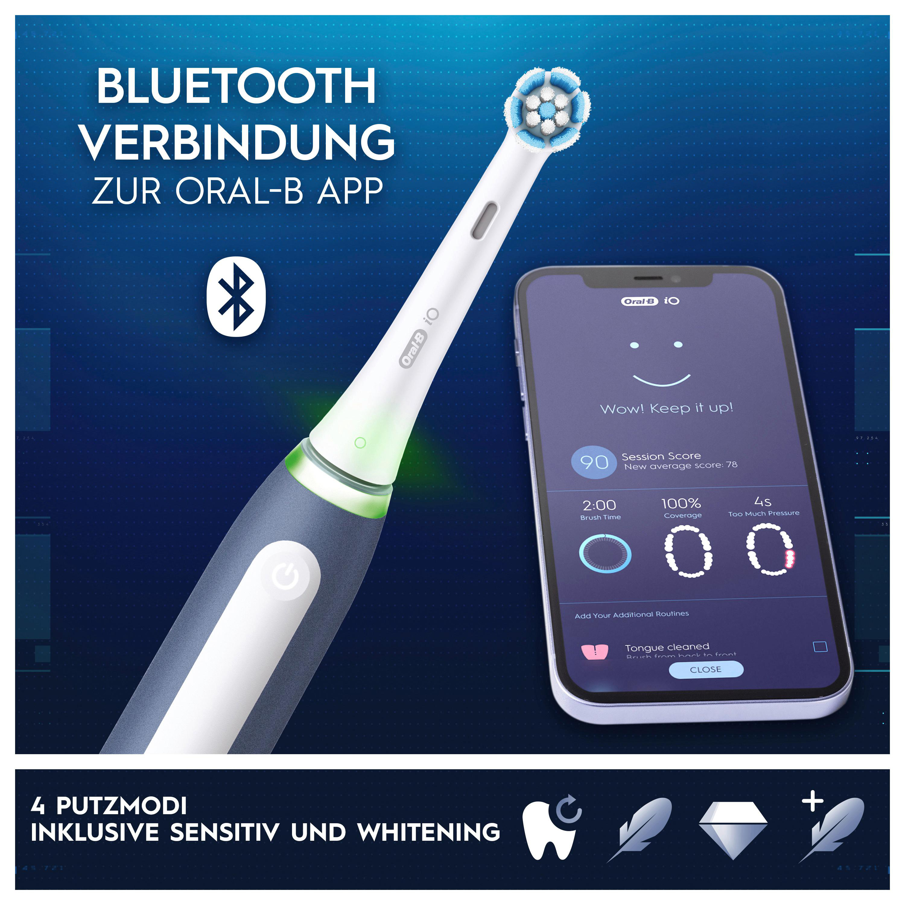 Eine elektrische Zahnbürste mit einem Telefon, das Putzdaten anzeigt. Die Zahnbürste ist blau und weiß.