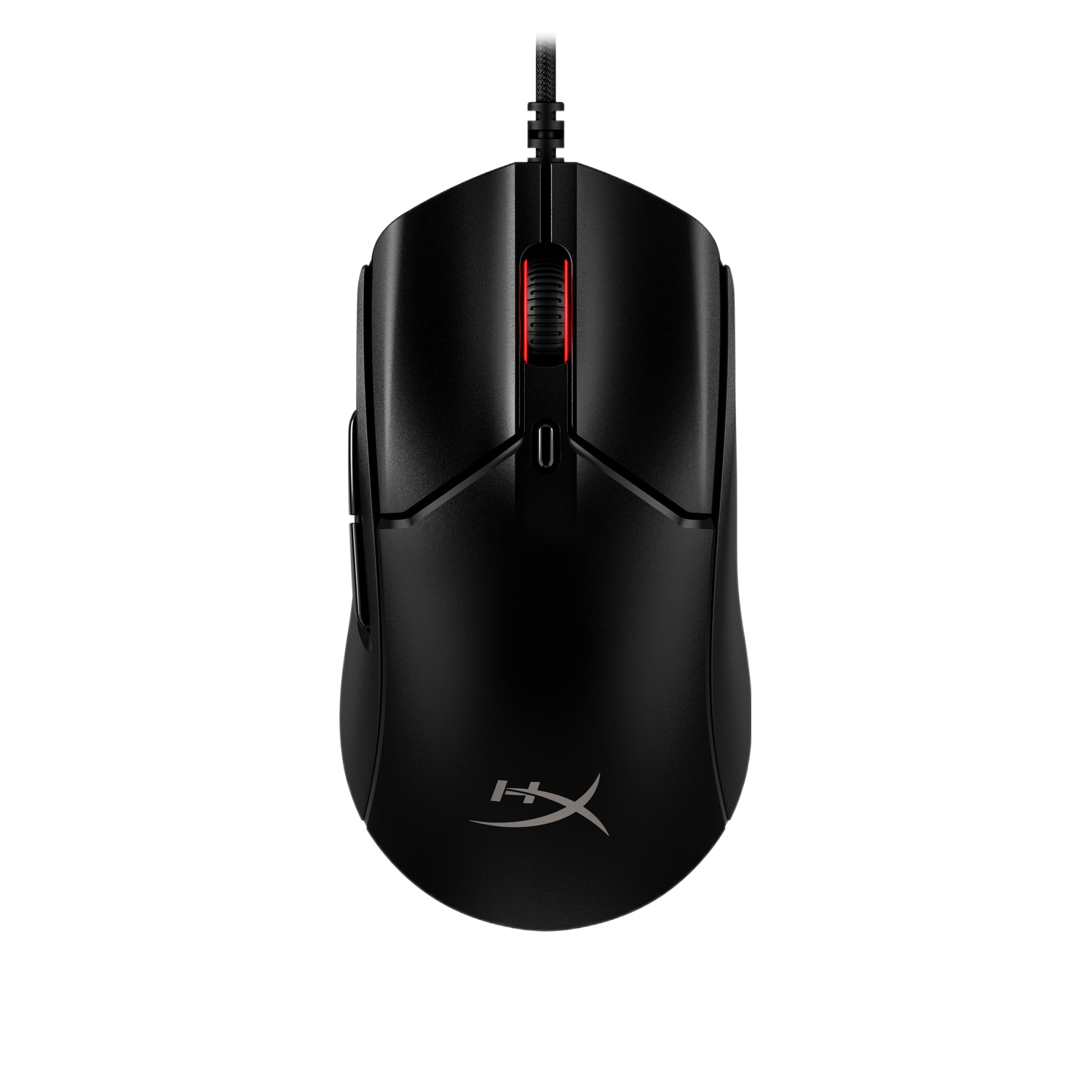 Black computer mouse with a red scroll wheel and a logo at the bottom. It's a HyperX mouse.
