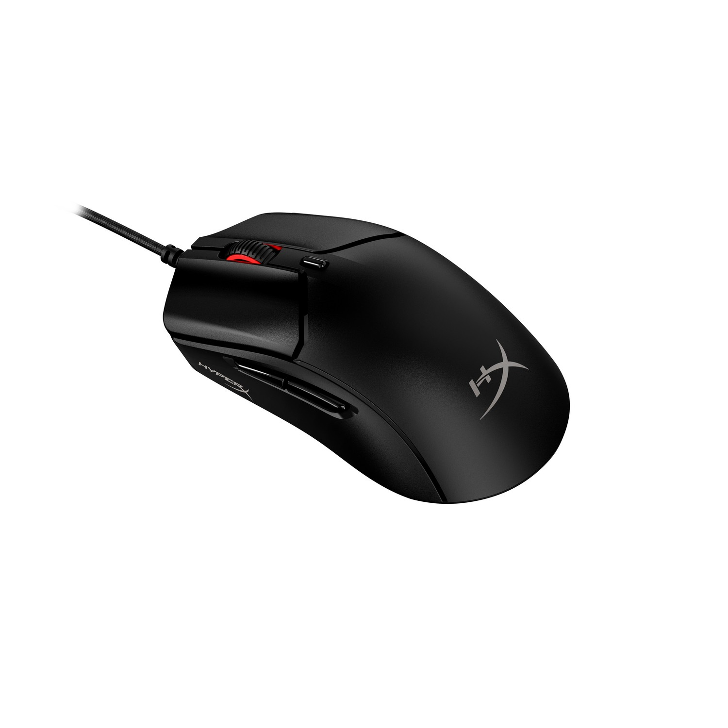 Black gaming mouse with red scroll wheel and HyperX logo. The mouse has a cord.