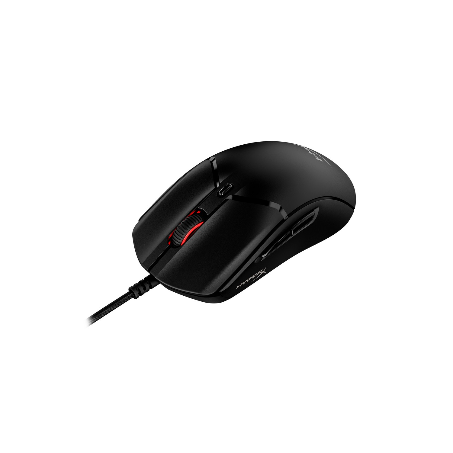 A black gaming mouse with a red scroll wheel and a black cable.