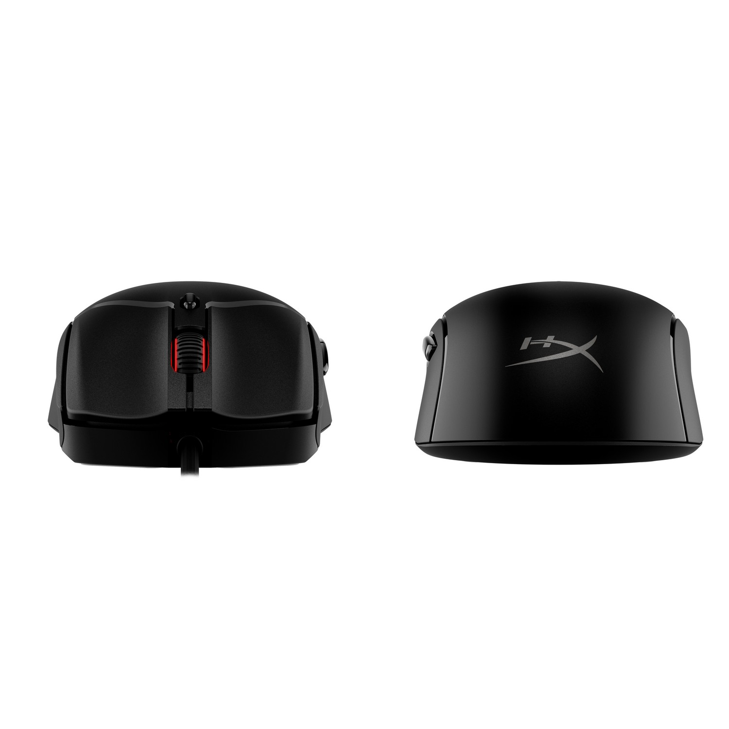 Two black gaming mice, front view and top view, on white background.