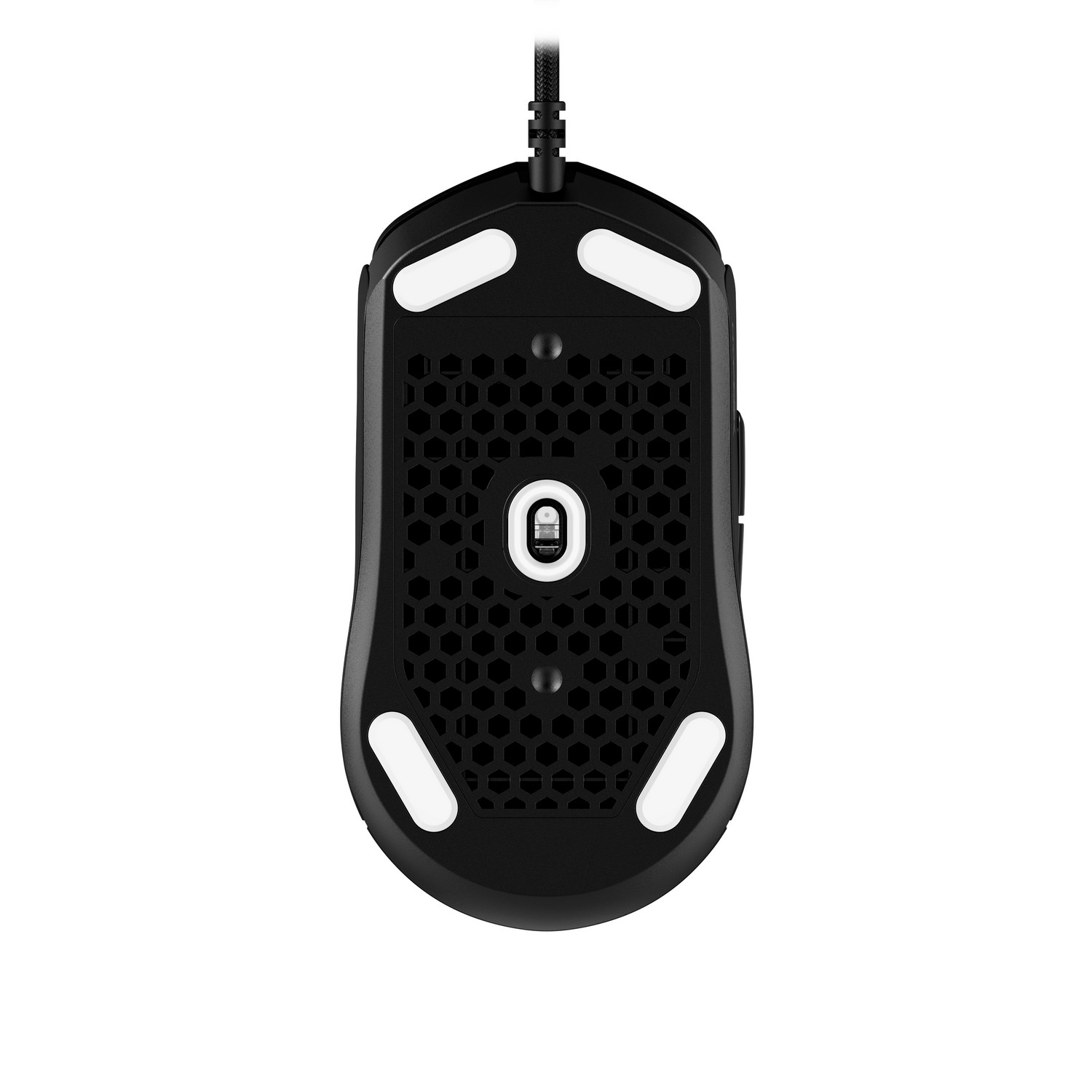 The bottom of a black gaming mouse, showing the mouse feet and the sensor.
