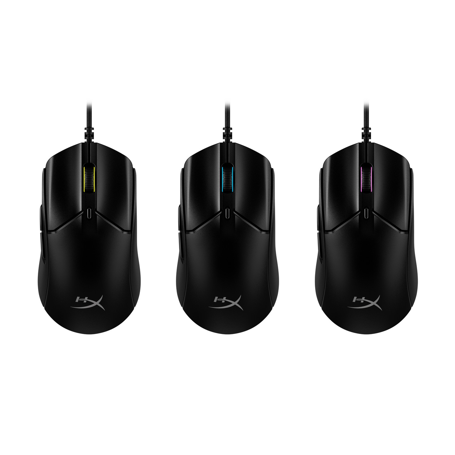 Three black computer mouses with colored stripes. Yellow, blue, and pink stripes are on the mouses.