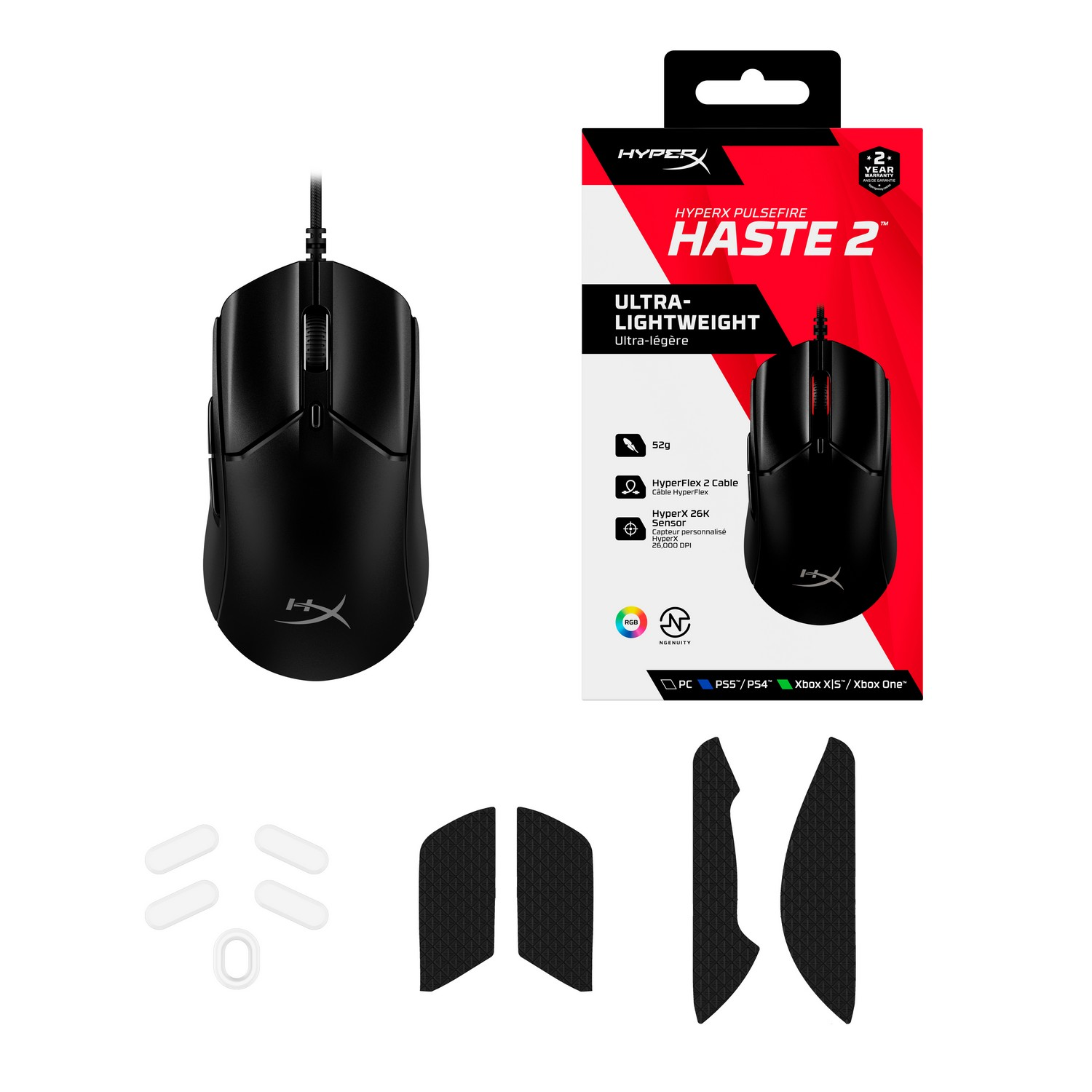 Gaming mouse with accessories. Black mouse with extra grips and mouse feet in the box.