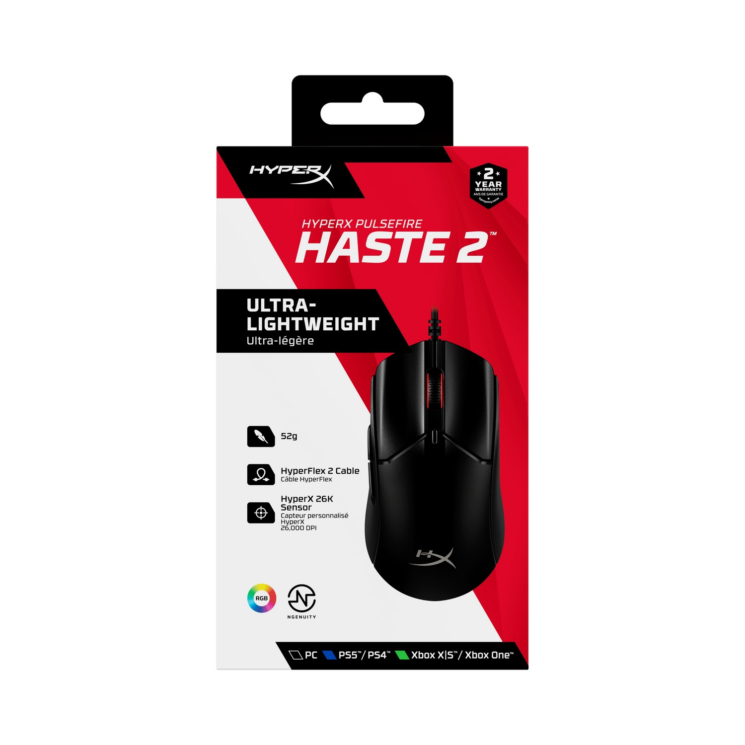 A HyperX Pulsefire Haste 2 gaming mouse box. It's black and red, with product details.