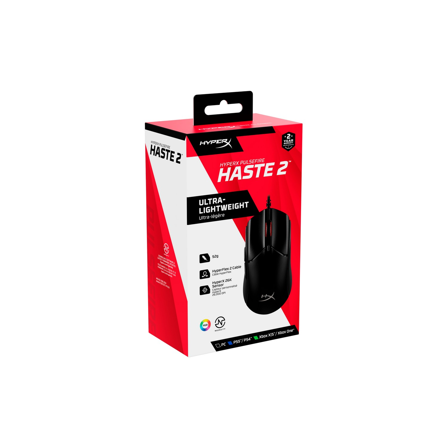 HyperX Haste 2 gaming mouse in its box. Features a black mouse with a red and white box design.