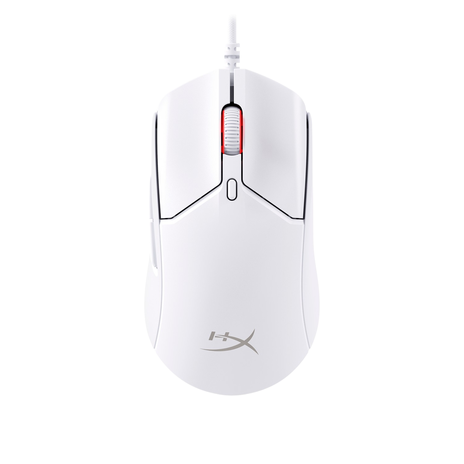 Une souris de jeu blanche avec une molette rouge. La souris porte le logo HyperX et un câble noir sur fond noir.