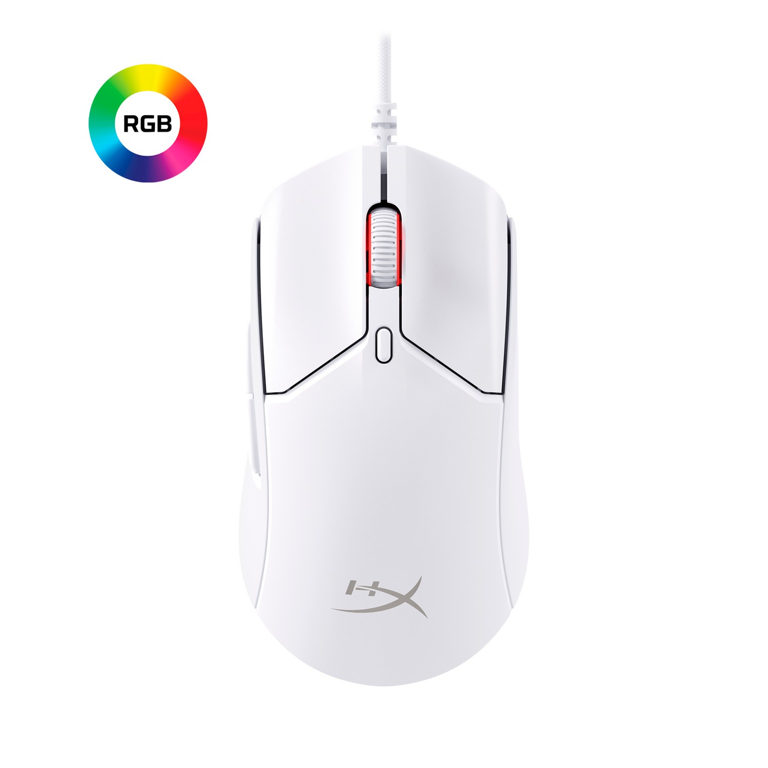 Souris de jeu blanche avec molette rouge et logo HyperX, roue chromatique RVB en haut à gauche, fond blanc.