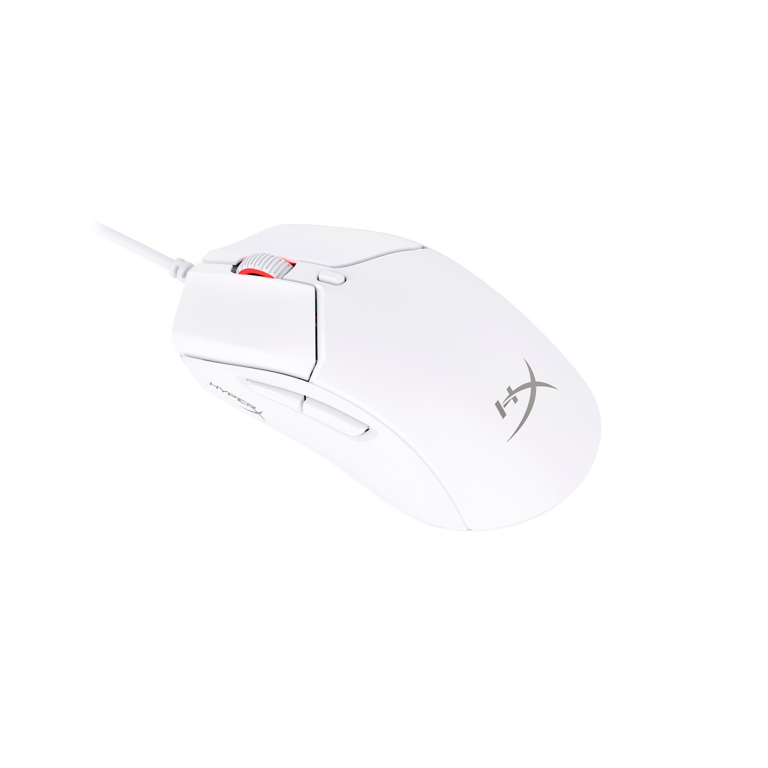Une souris de jeu blanche HyperX avec une molette rouge. Elle a un logo et est reliée à un câble blanc, sur fond blanc.