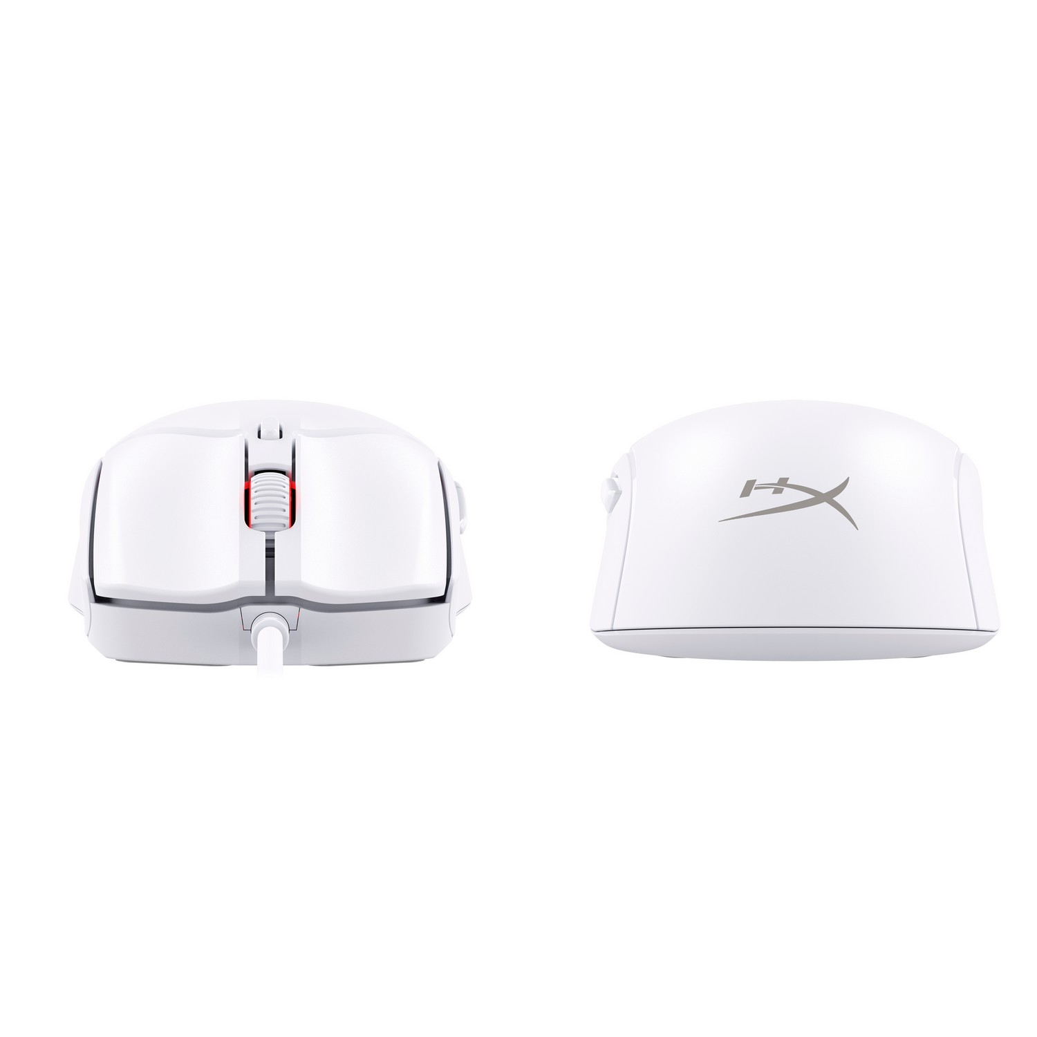 Deux souris d'ordinateur blanches. L'une montre l'avant avec une molette rouge, l'autre le dessus avec un logo gris. Les deux sur fond blanc.