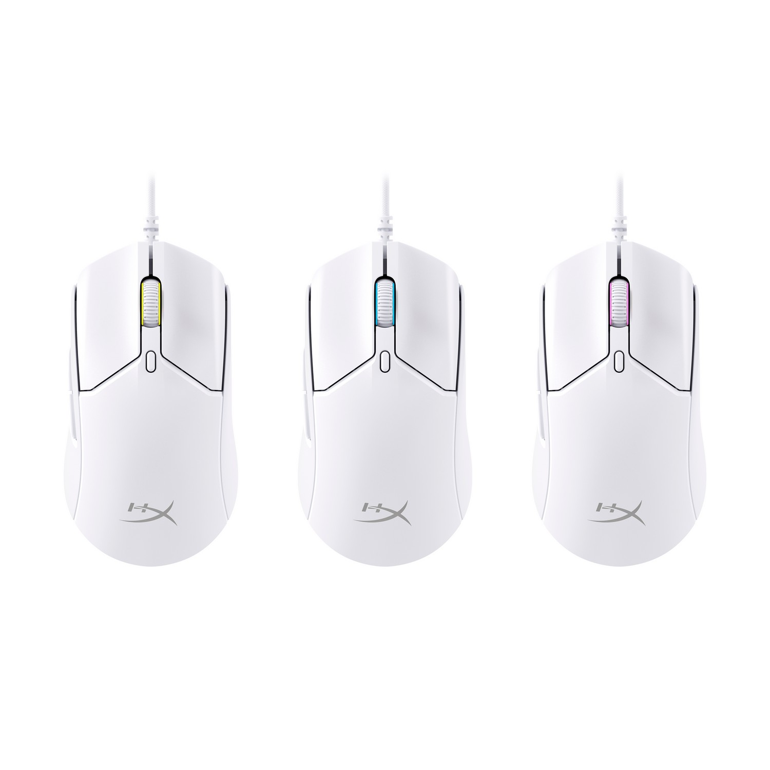Trois souris d'ordinateur blanches avec des molettes colorées sur fond blanc. Chaque souris a un cordon.