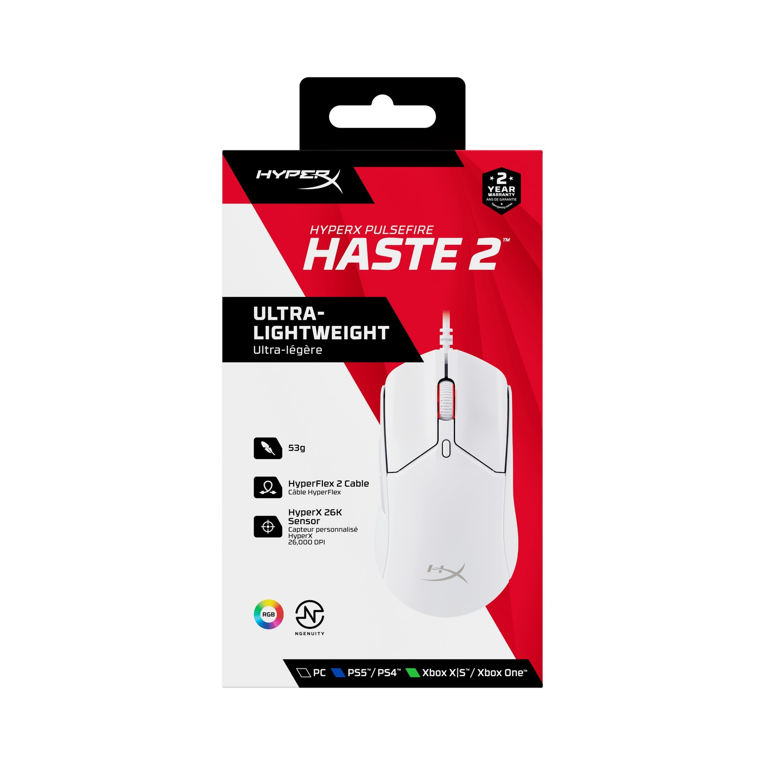 Une souris blanche HyperX Pulsefire Haste 2. L'emballage est rouge et noir, avec des détails sur les caractéristiques comme le poids et le capteur.