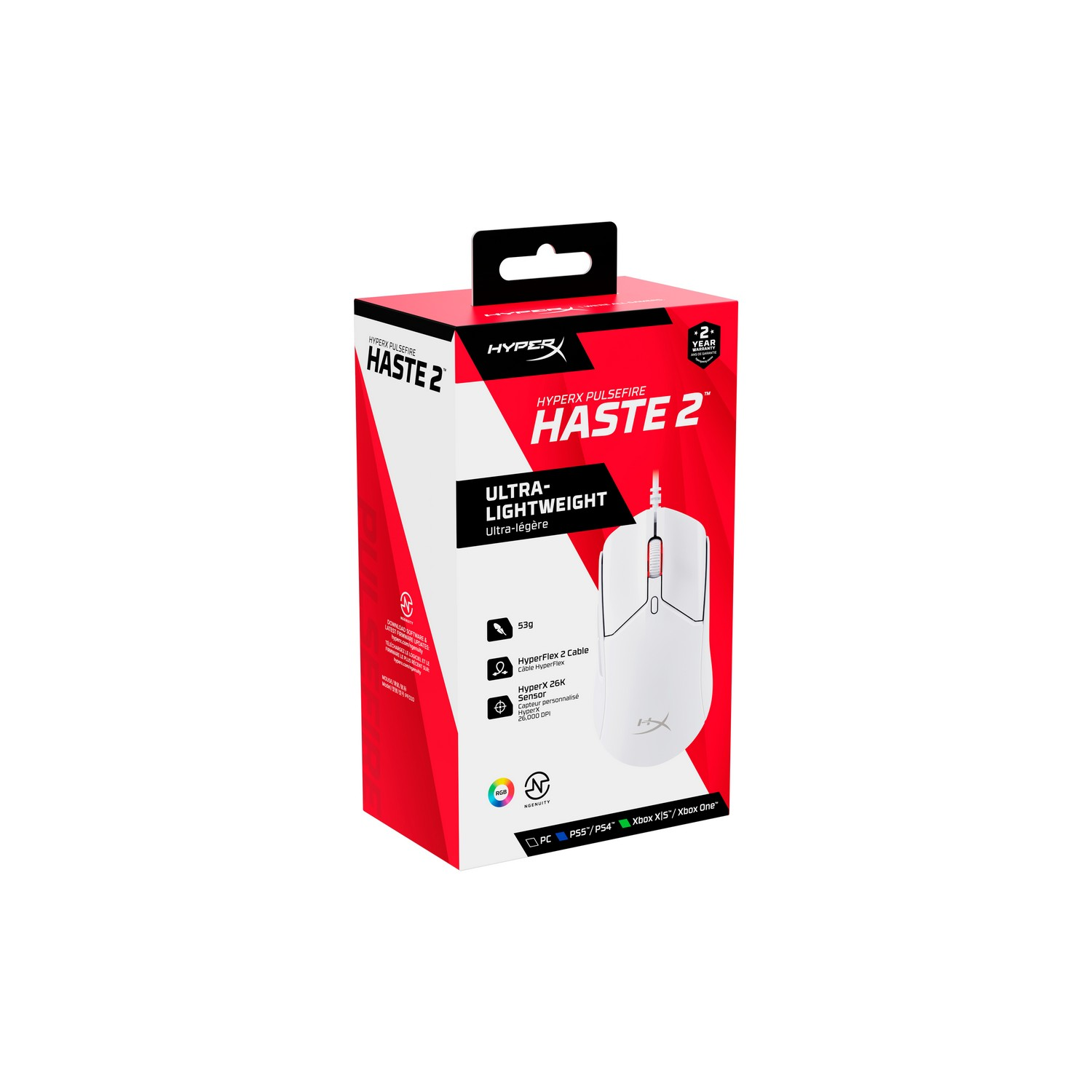 Une souris de jeu blanche HyperX Haste 2 est affichée sur sa boîte. La boîte est blanche et rouge, avec des détails et logos.