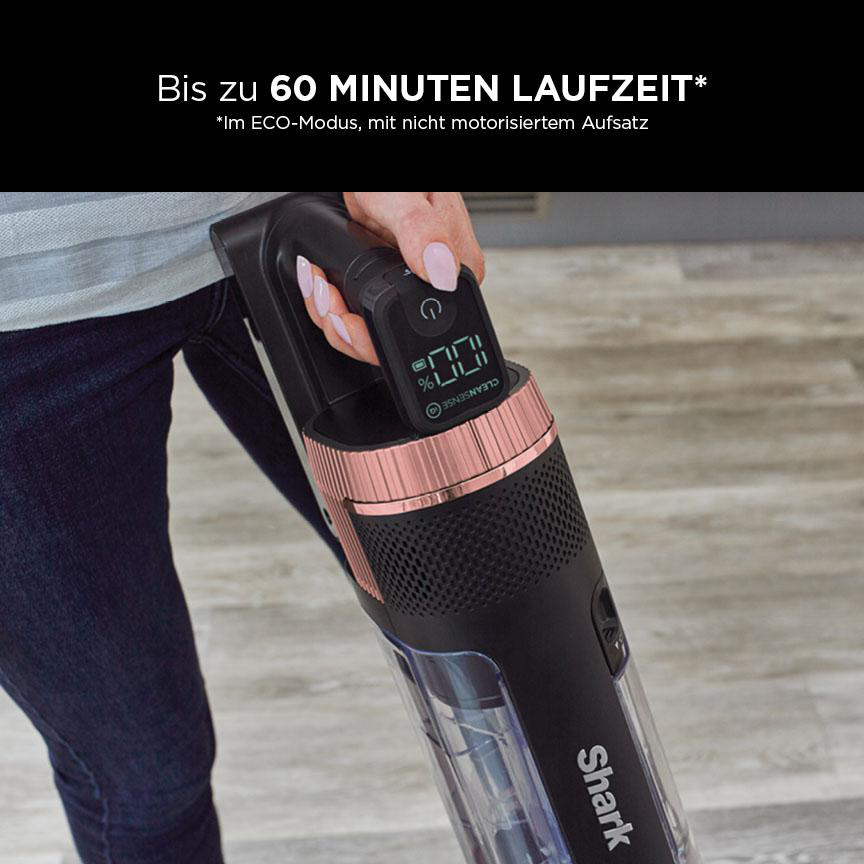 Eine Frau hält einen kabellosen Staubsauger; das Gerät zeigt ein Display mit einer Batterieanzeige.