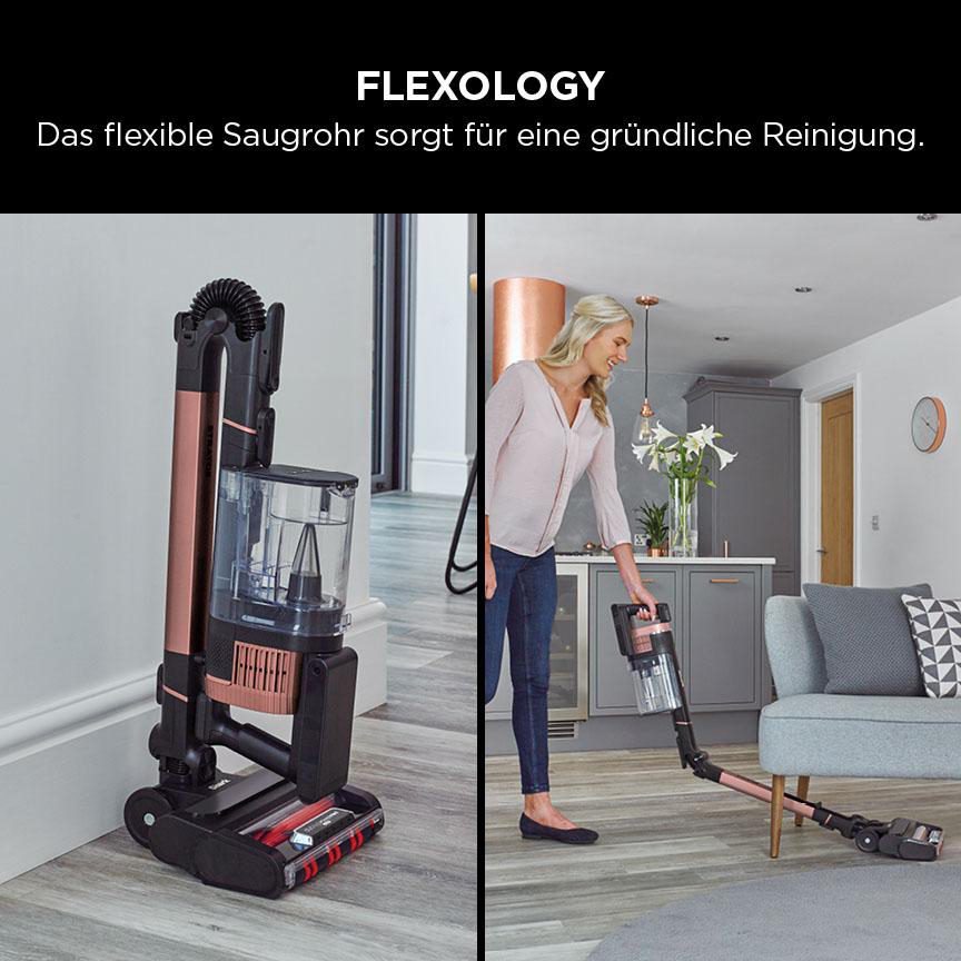 Staubsauger mit einer Frau, die einen Raum mit modernem Design reinigt.