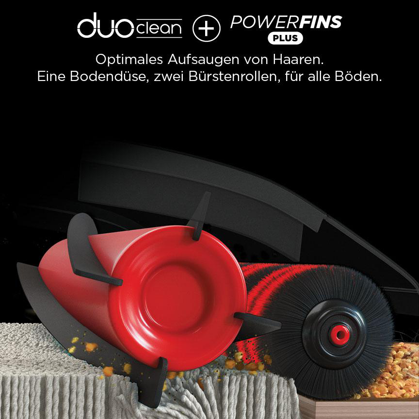 Ein Staubsaugerkopf, der die Bürste und den roten Reinigungsmechanismus zeigt.