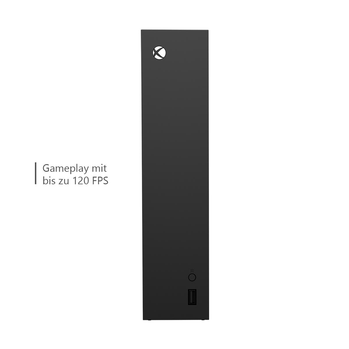 Schwarze Xbox Series X Konsole, Frontansicht, mit Gameplay-Info, schwarzer Hintergrund, einzelner USB-Anschluss.