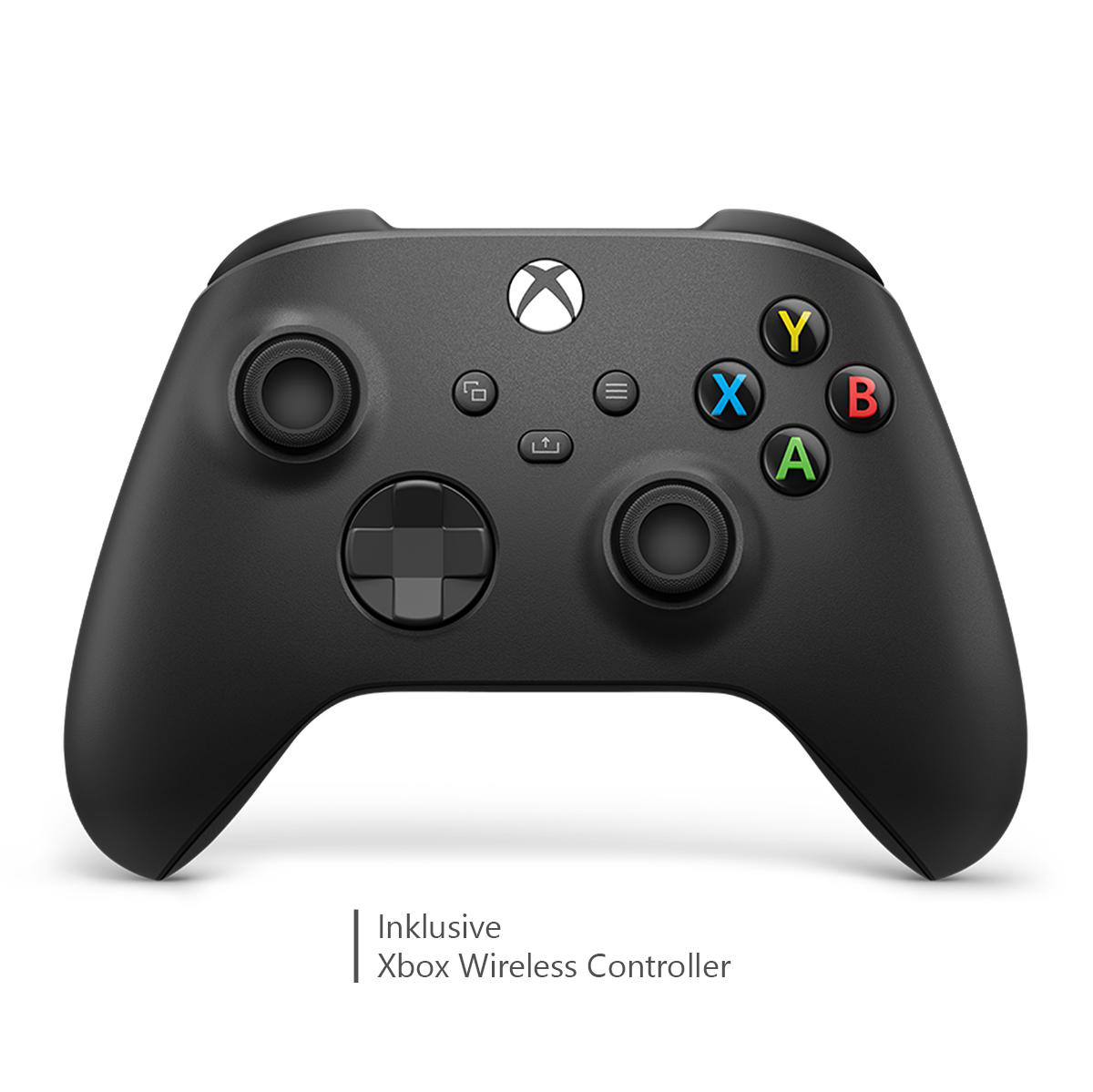 Schwarzer Xbox Wireless Controller mit farbigen Tasten. Das Xbox-Logo ist weiß.