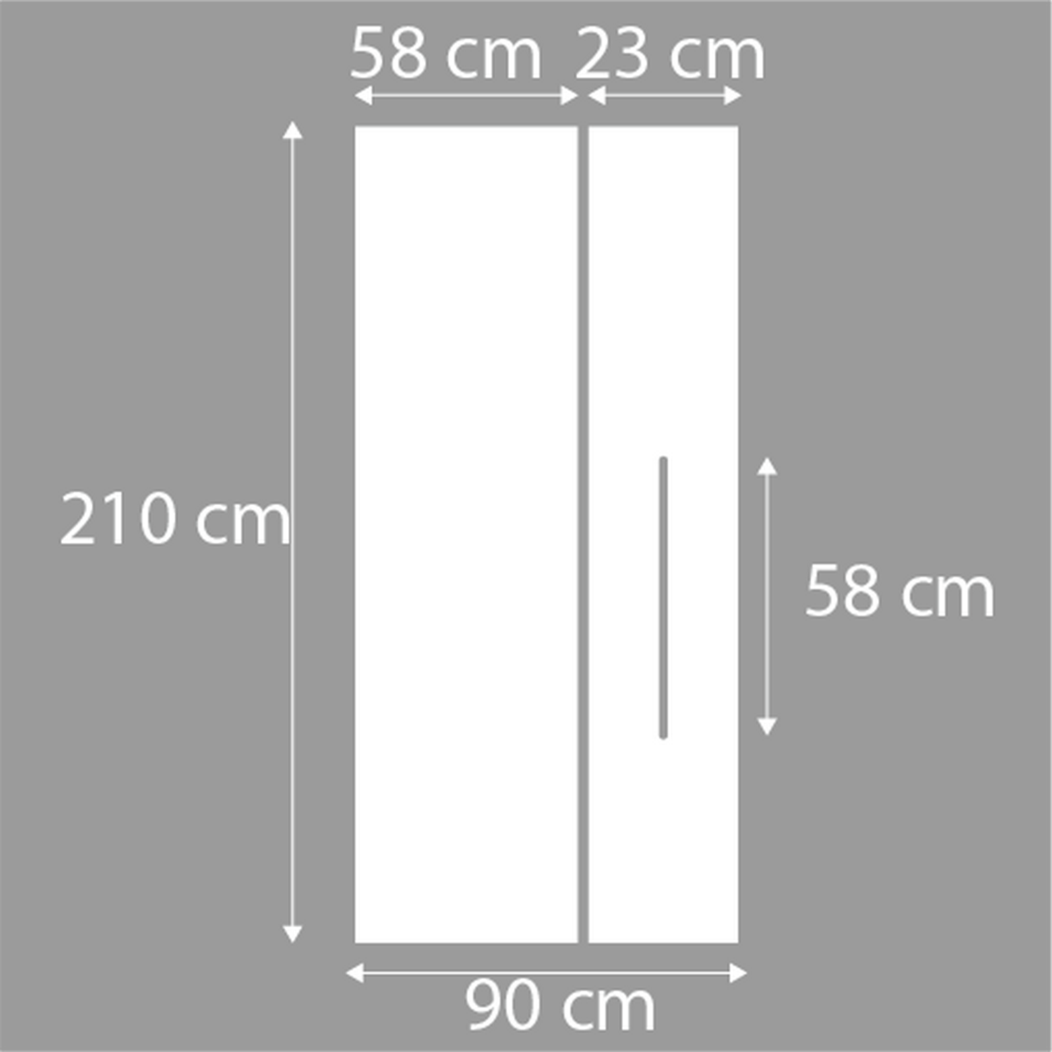 Diagram of two white doors, with dimensions in centimeters. Grey background.
