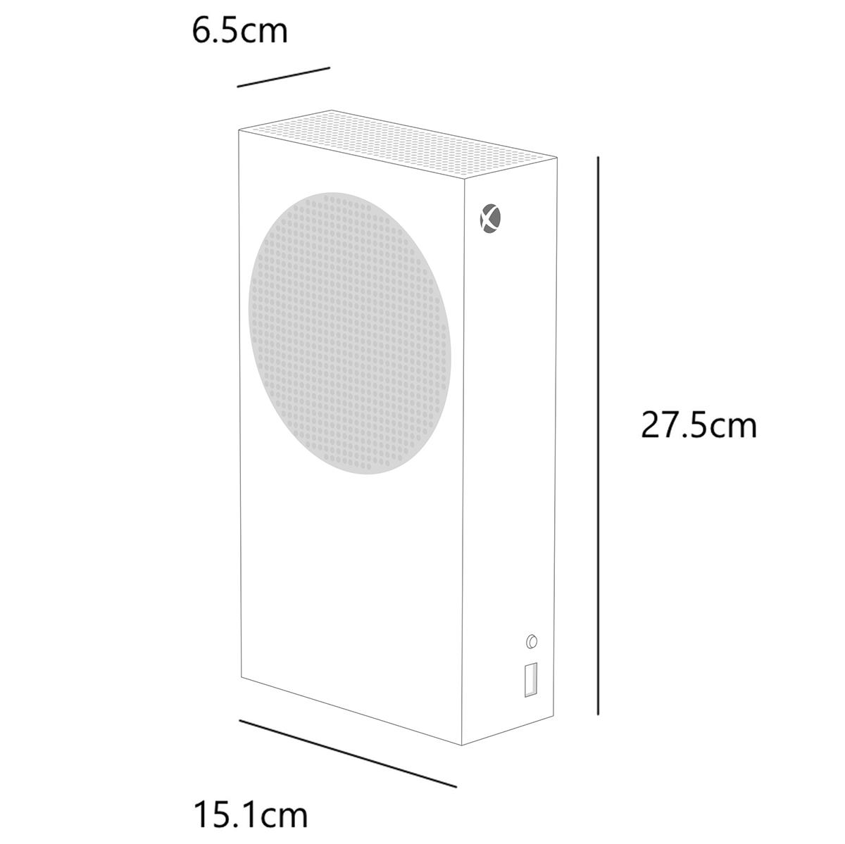 Weiße Xbox Series S Konsole mit Abmessungen: 6,5 cm, 27,5 cm und 15,1 cm. Das Logo ist sichtbar.