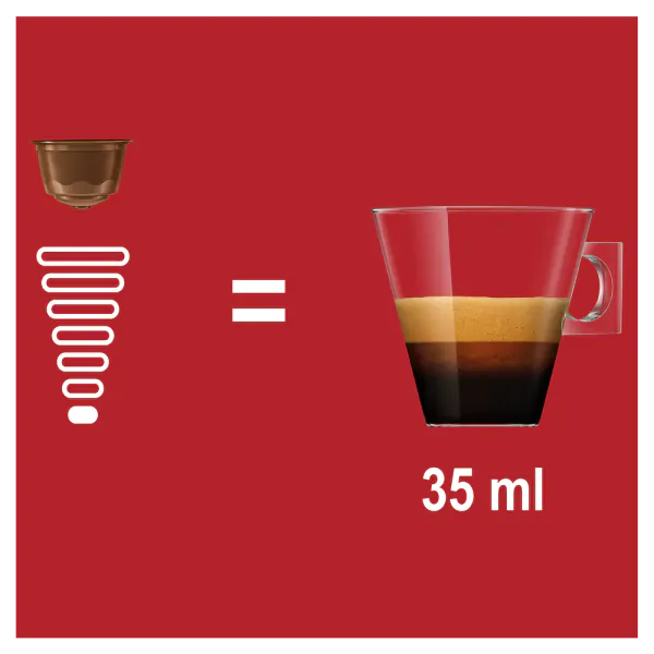 Kávékészítési grafika. Kapszula és kávé egyenlő egy csésze kávéval, 35 ml, piros háttéren.
