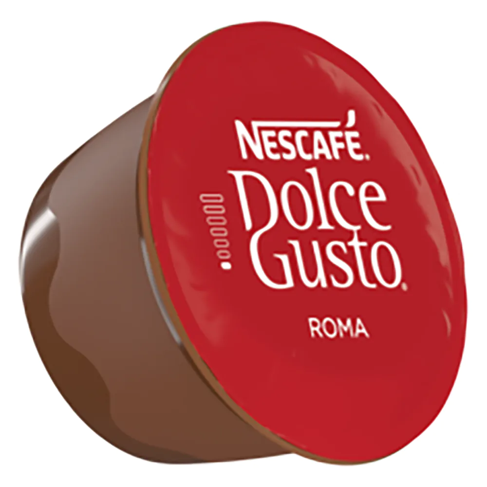 Nescafé Dolce Gusto Roma kávékapszula, piros és barna. Fehér szöveg és logó.