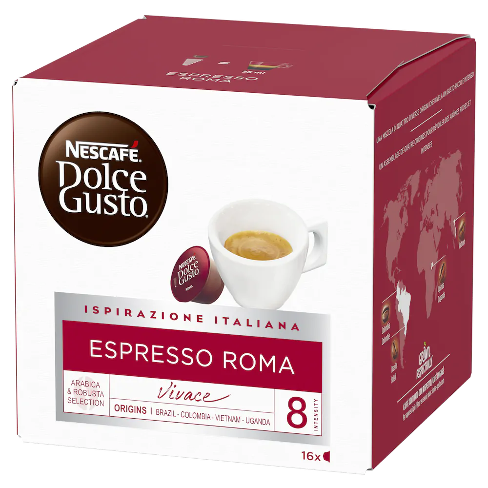 Egy doboz Nescafé Dolce Gusto Espresso Roma kapszula, egy csészével és egy kapszulával.