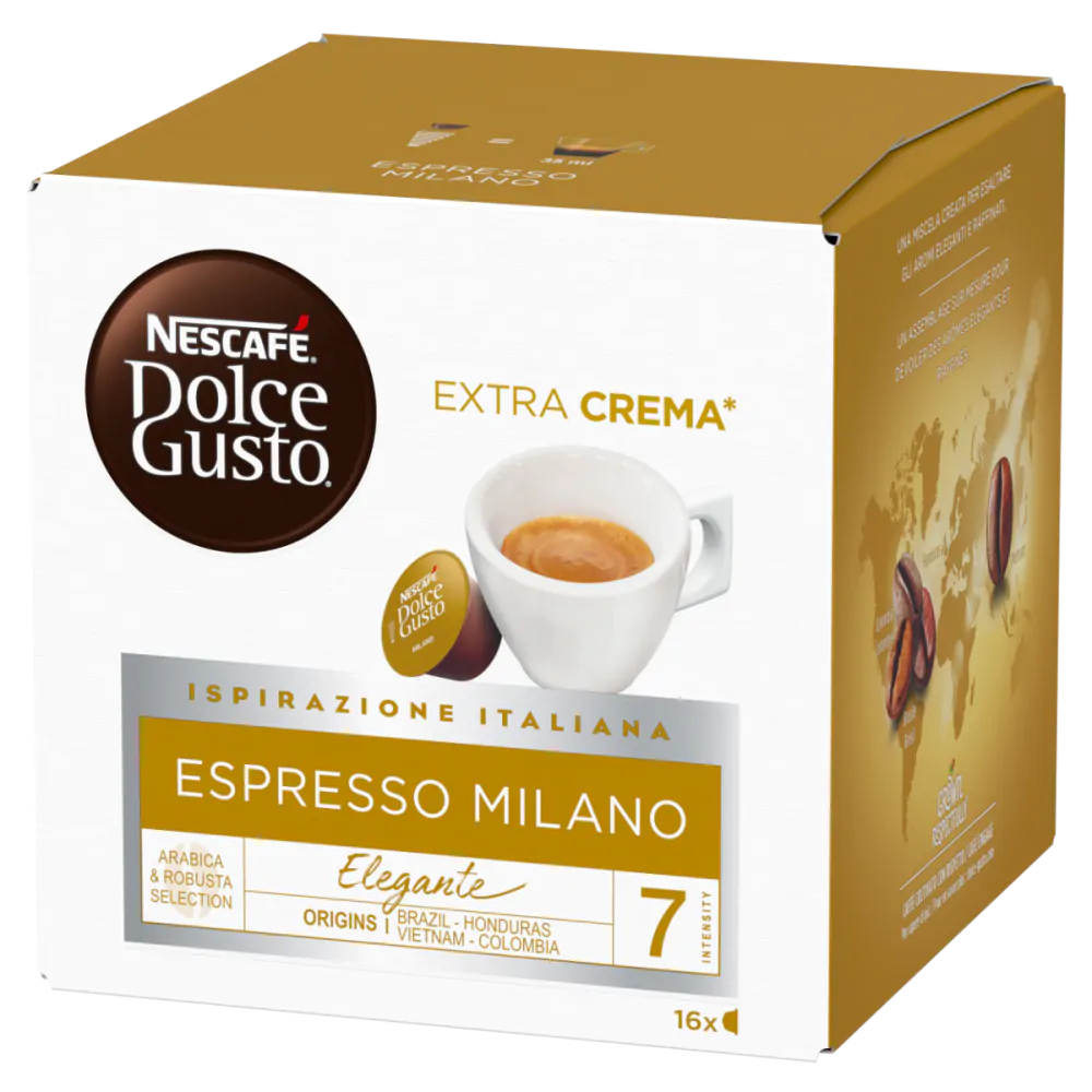Dolce Gusto Espresso Milano kávékapszula doboz csészével és kávészemekkel.