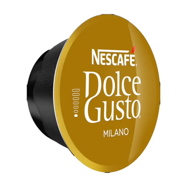 Nescafe Dolce Gusto Milano kávékapszula arany színben, fekete háttéren.