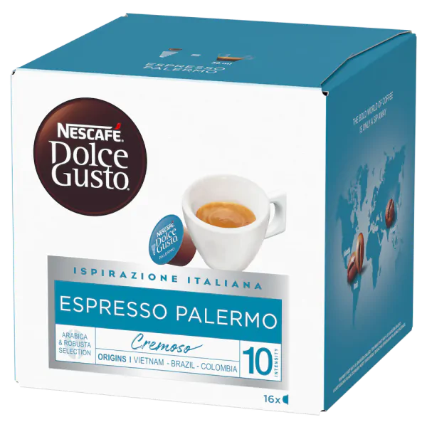 Kávé doboz egy csésze kávéval. A márka Nescafe Dolce Gusto, rajta az Espresso Palermo felirattal.