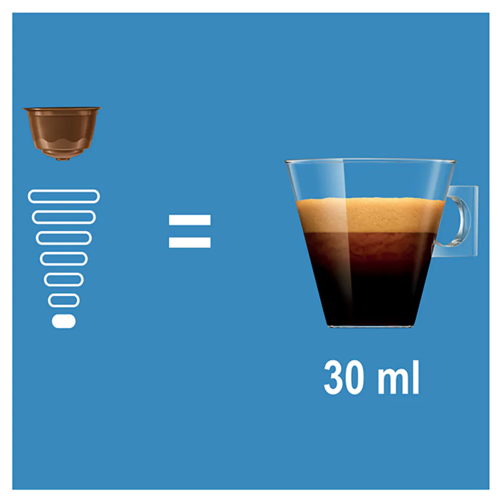 Kávékapszula, kávé pohárban és a "30 ml" szöveg.