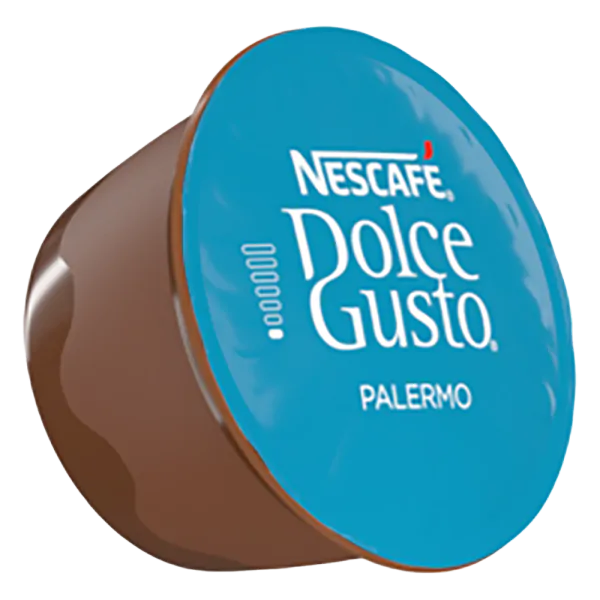 Egy Dolce Gusto Palermo kávépárna látható. Barna, kék tetejű, fehér felirattal.