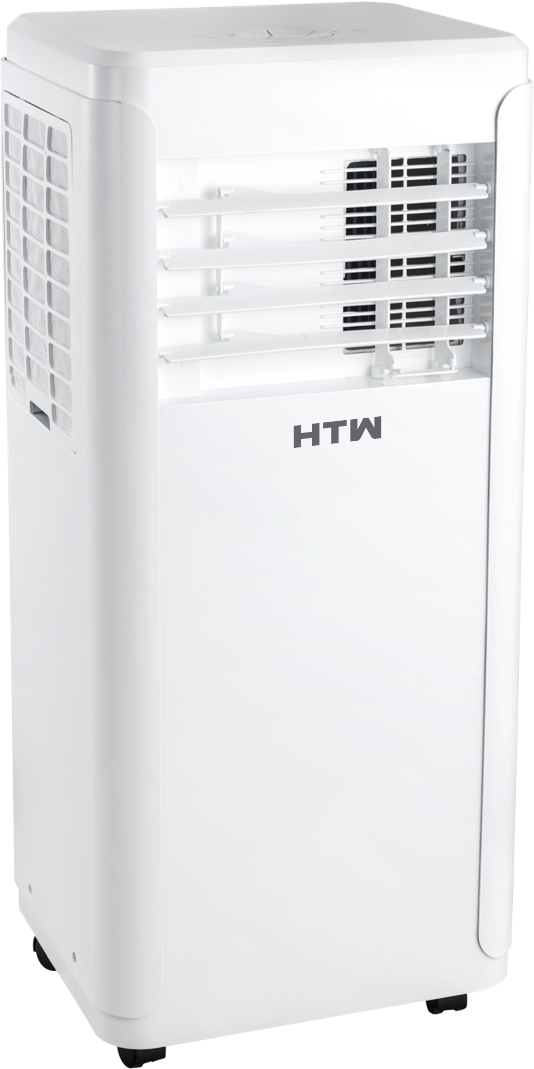 Un acondicionador de aire portátil blanco con el logotipo 'HTW' en la parte frontal, sobre un fondo blanco.